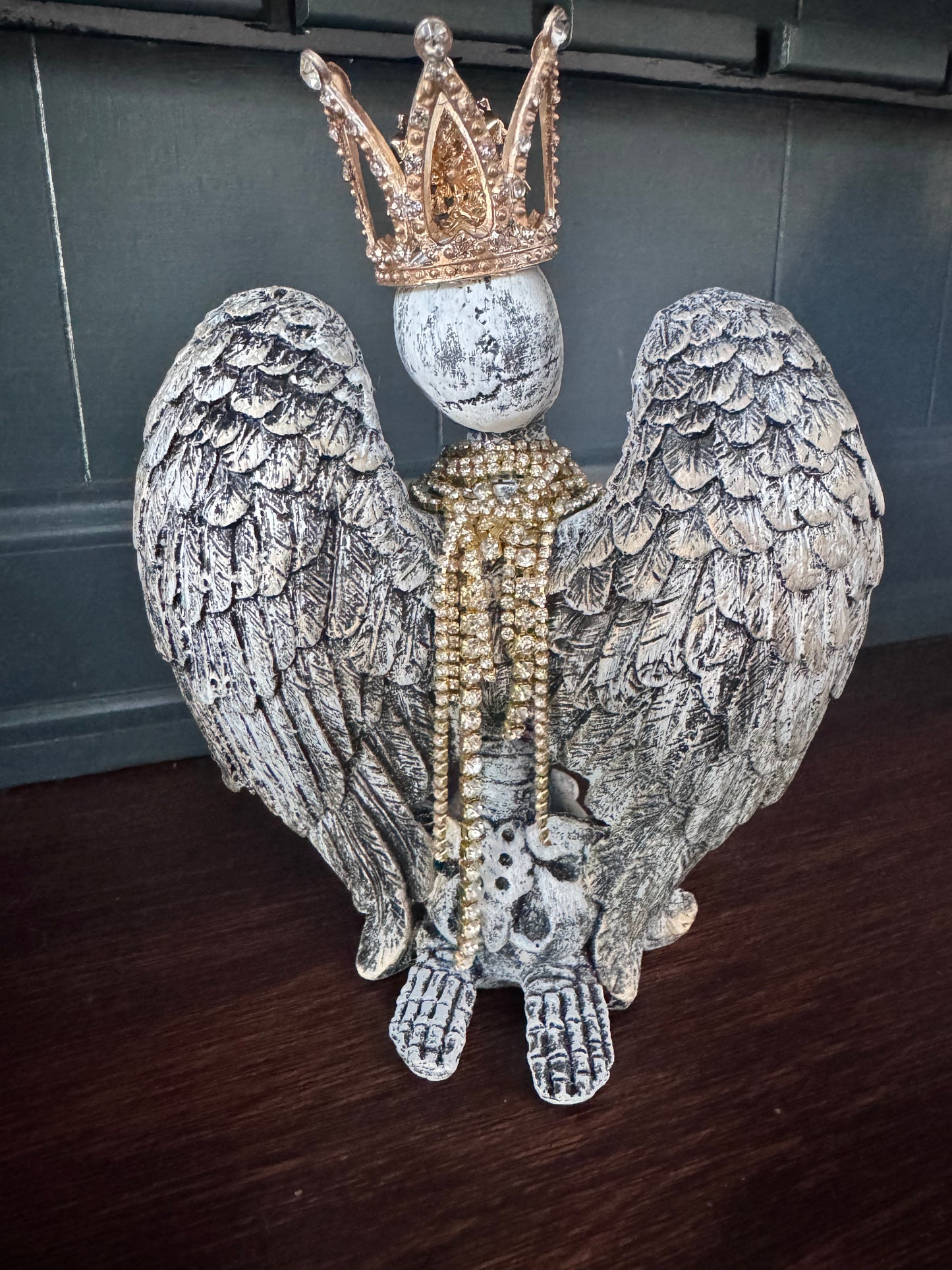 Jeweled Skeleton Angel with Crown | Hand Painted Gothic Decor