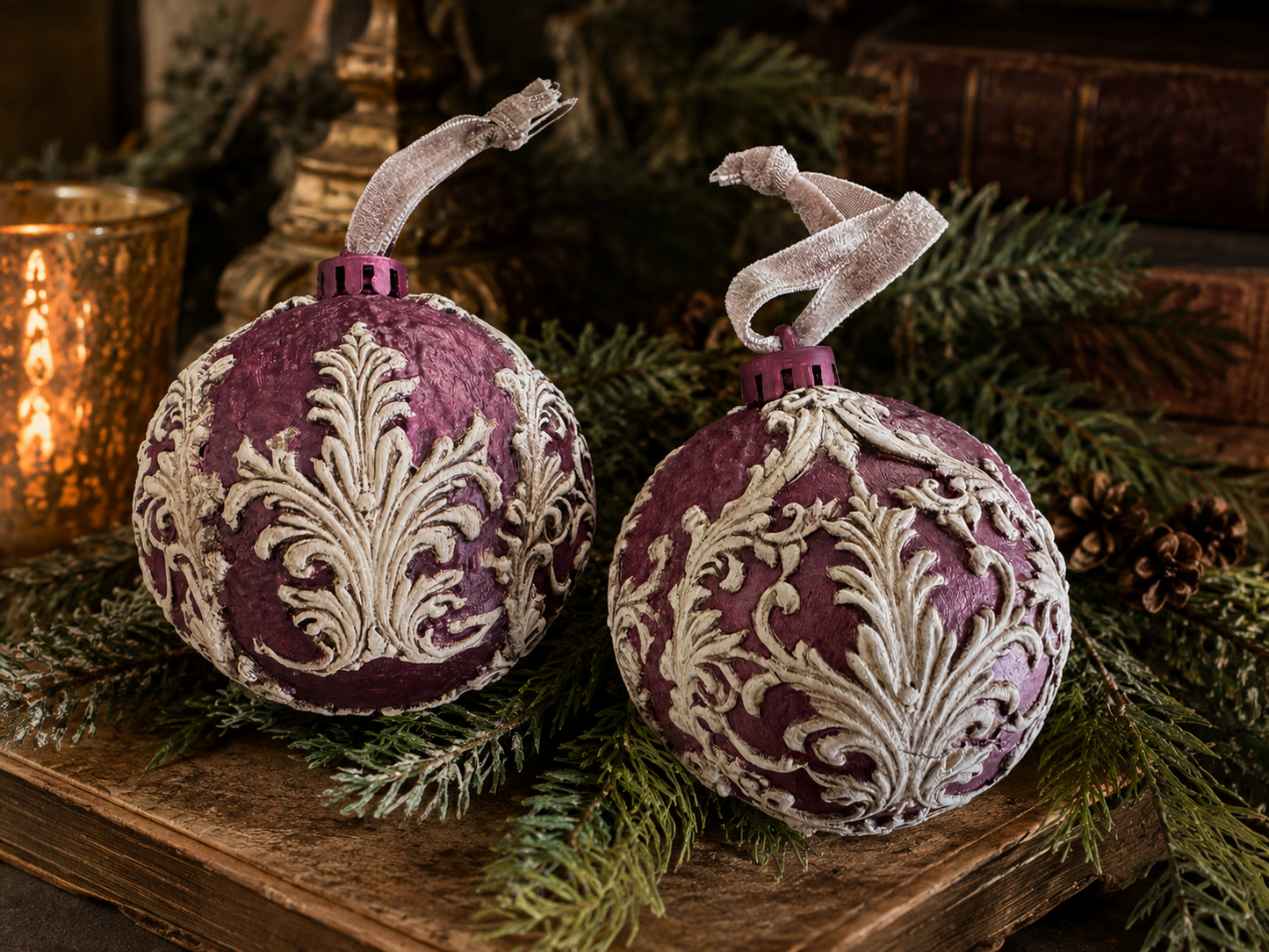Hand Painted Vintage Style Ornate Christmas Ornament with Velvet Ribbon