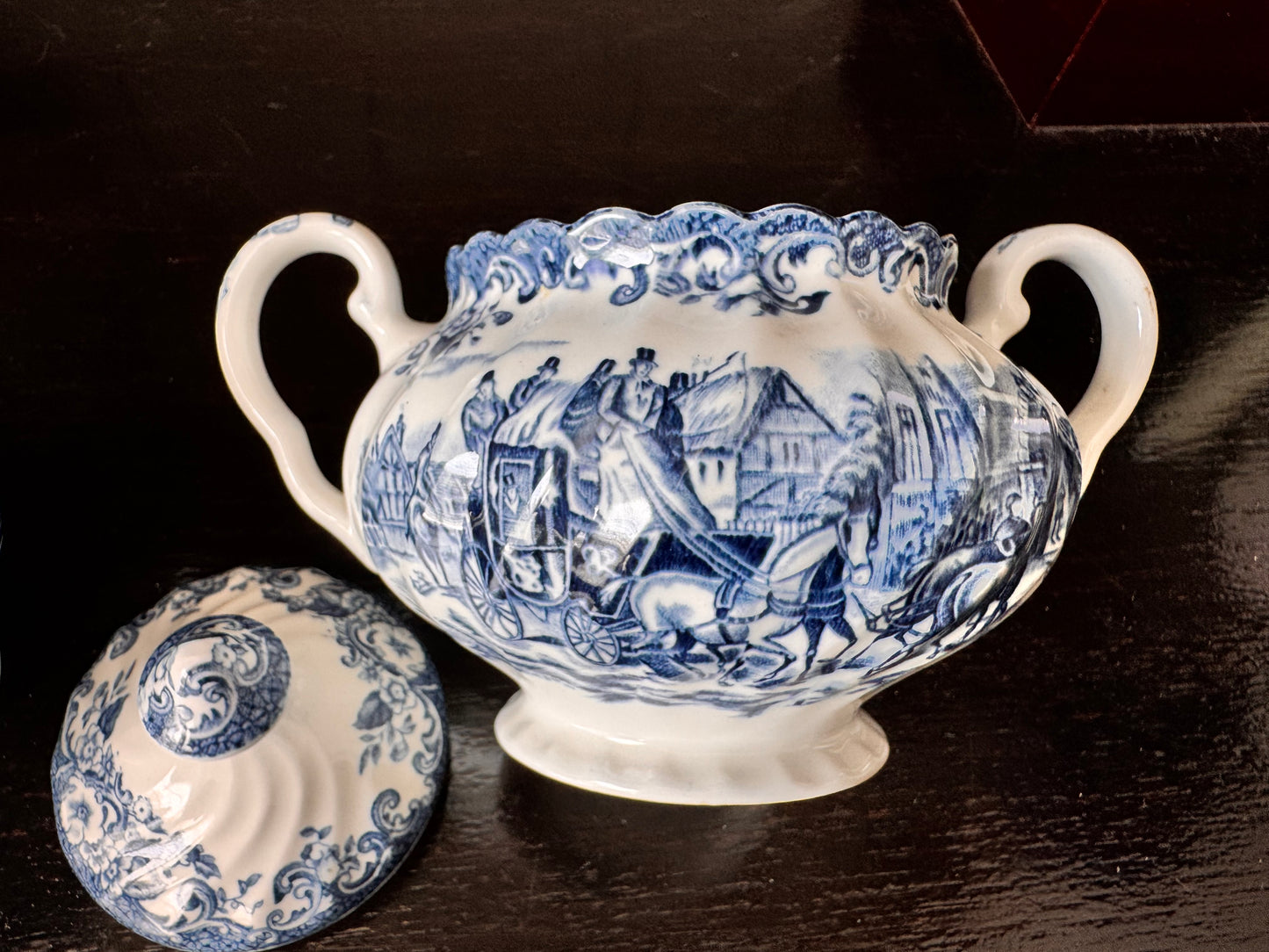 Blue & White Coaching Scene Creamer and Sugar Bowl