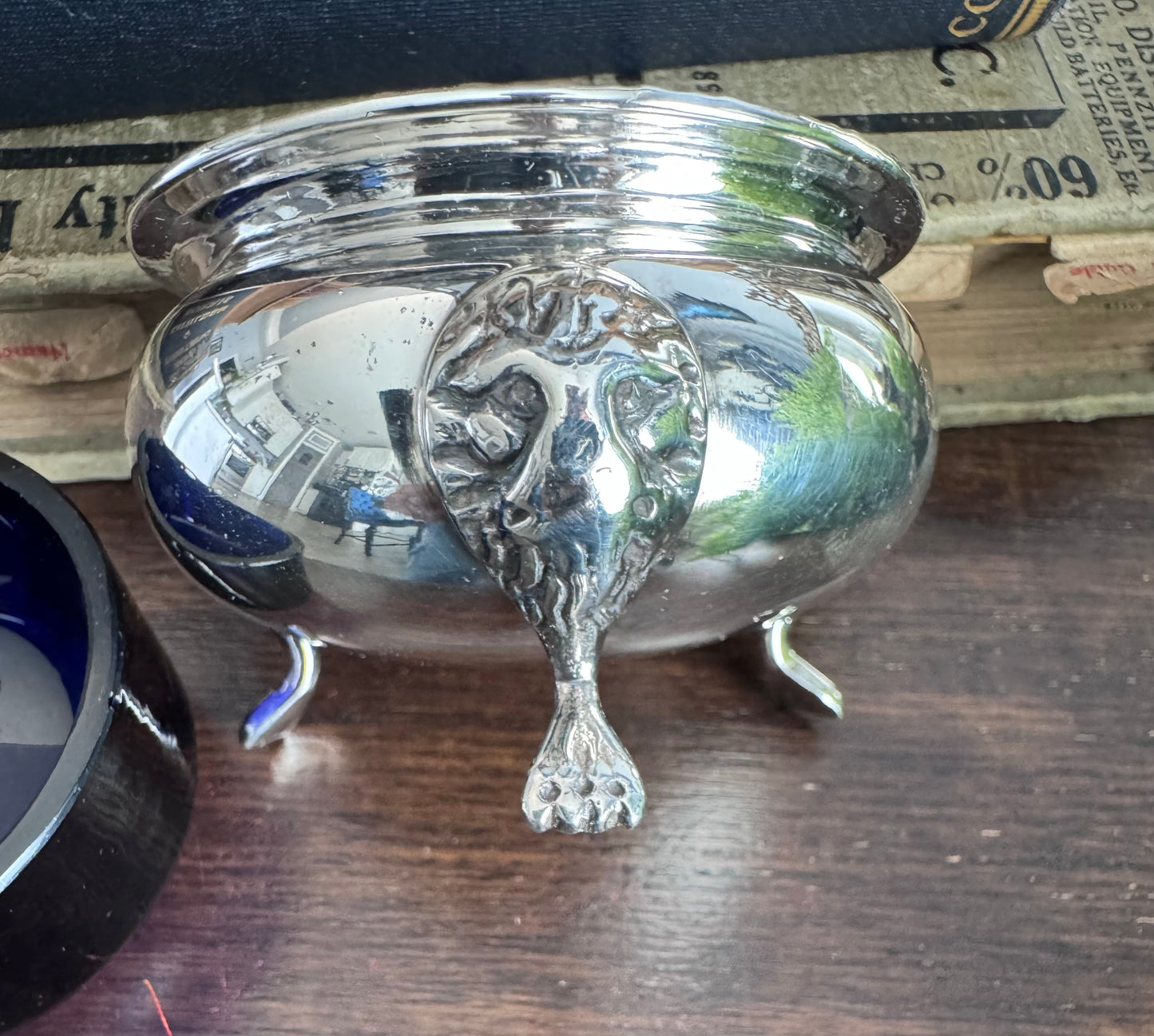 Silver Plate Salt Cellar with Cobalt Blue Glass Liner