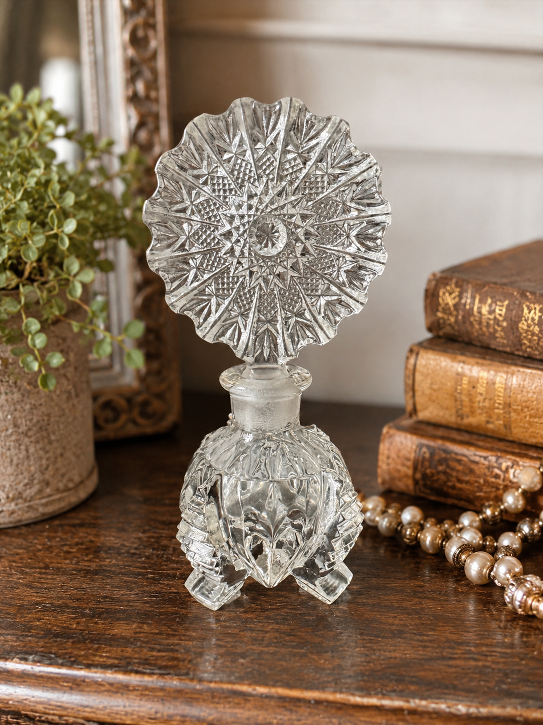 Vintage Pressed Glass Perfume Bottle with Stopper | Clear Vanity Bottle | Estate Sale Vanity Decor | Dressing Table Accent