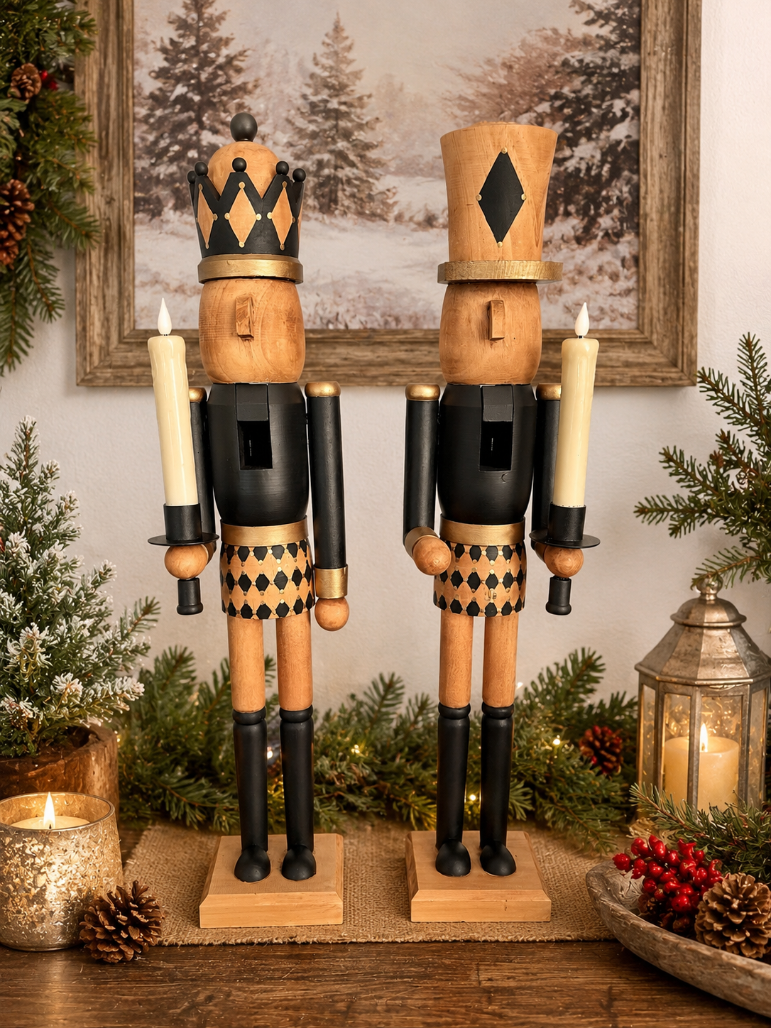 Hand Painted 24" Black Nutcracker Candle Holder | Christmas Mantel Decor | Holiday Centerpiece