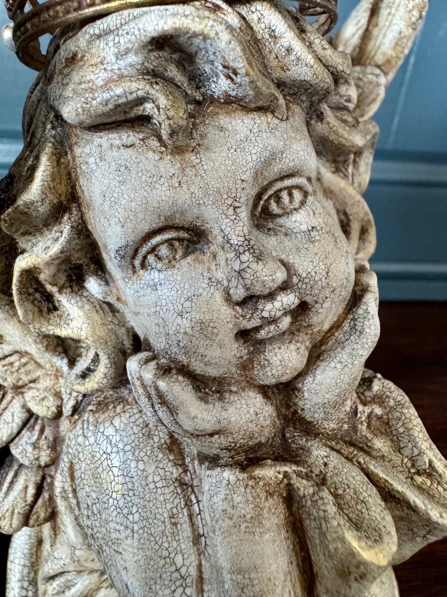 Angel with Hands on Face and Handmade Crown