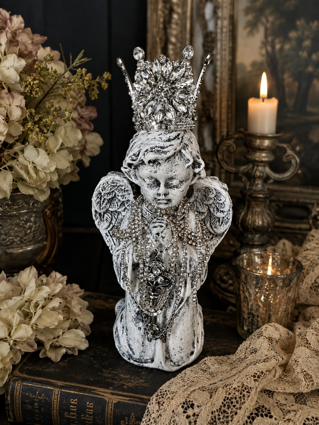 Hand Painted Resin Kneeling Angel Statue with Jeweled Crown | Vintage Inspired Religious Decor