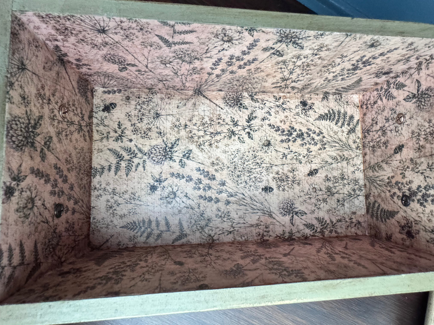 Hand Painted Sage Green Wooden Keepsake Box with Botanical Interior