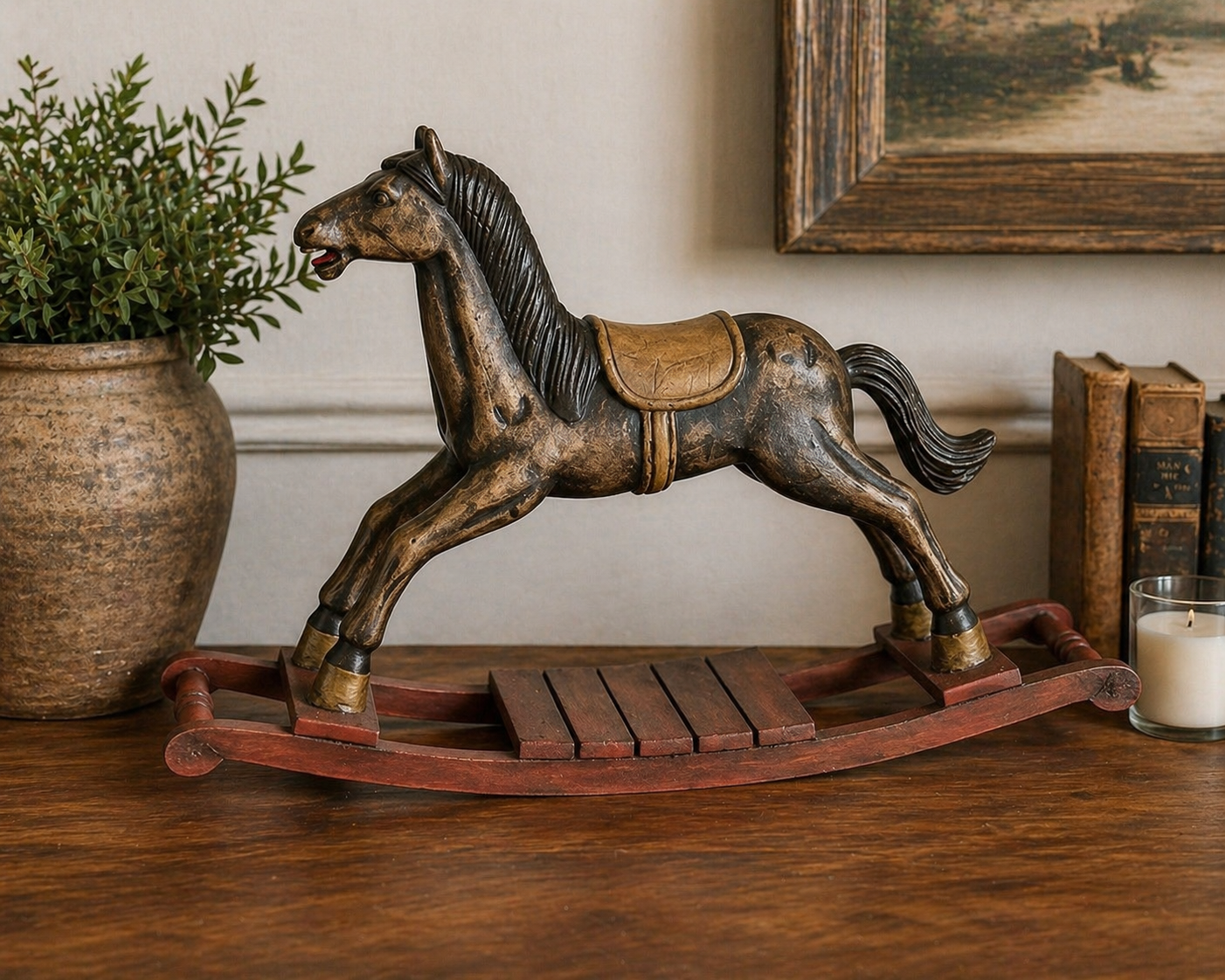 Hand-Painted Vintage Inspired Rocking Horse | Decorative Horse on Wooden Base