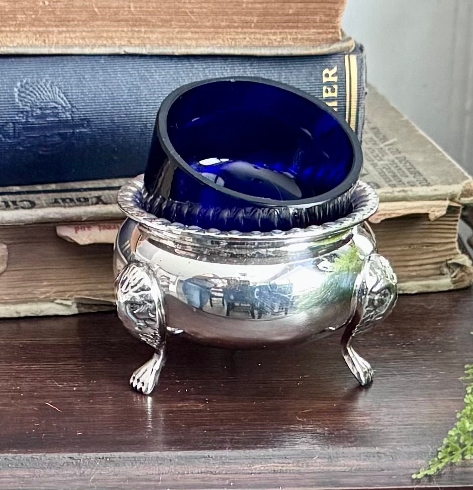 Silver Plate Salt Cellar with Cobalt Blue Glass Liner
