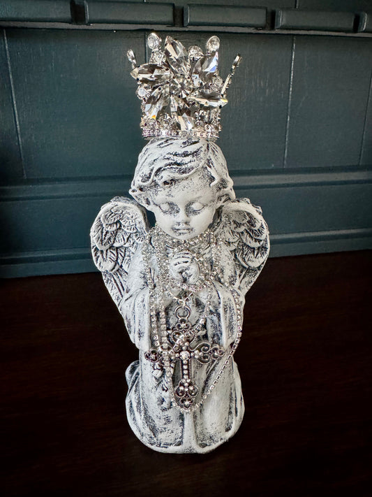 Hand-Painted Kneeling Angel with Crown & Jewels