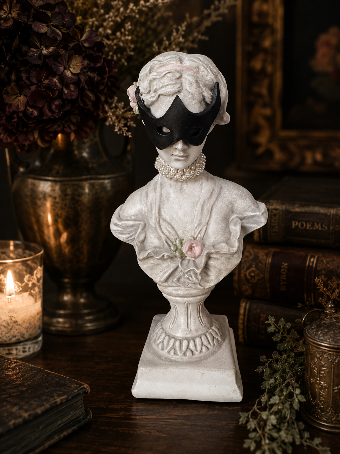 Hand-Finished Venus Masquerade Bust with Handmade Mask & Pearls
