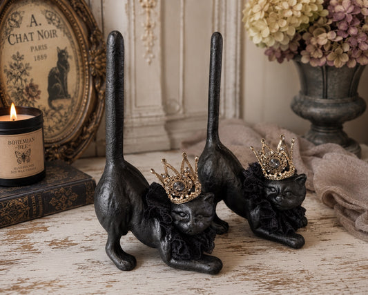 Hand Painted Cast Iron Black Cat Ring Holder with Removable Crown