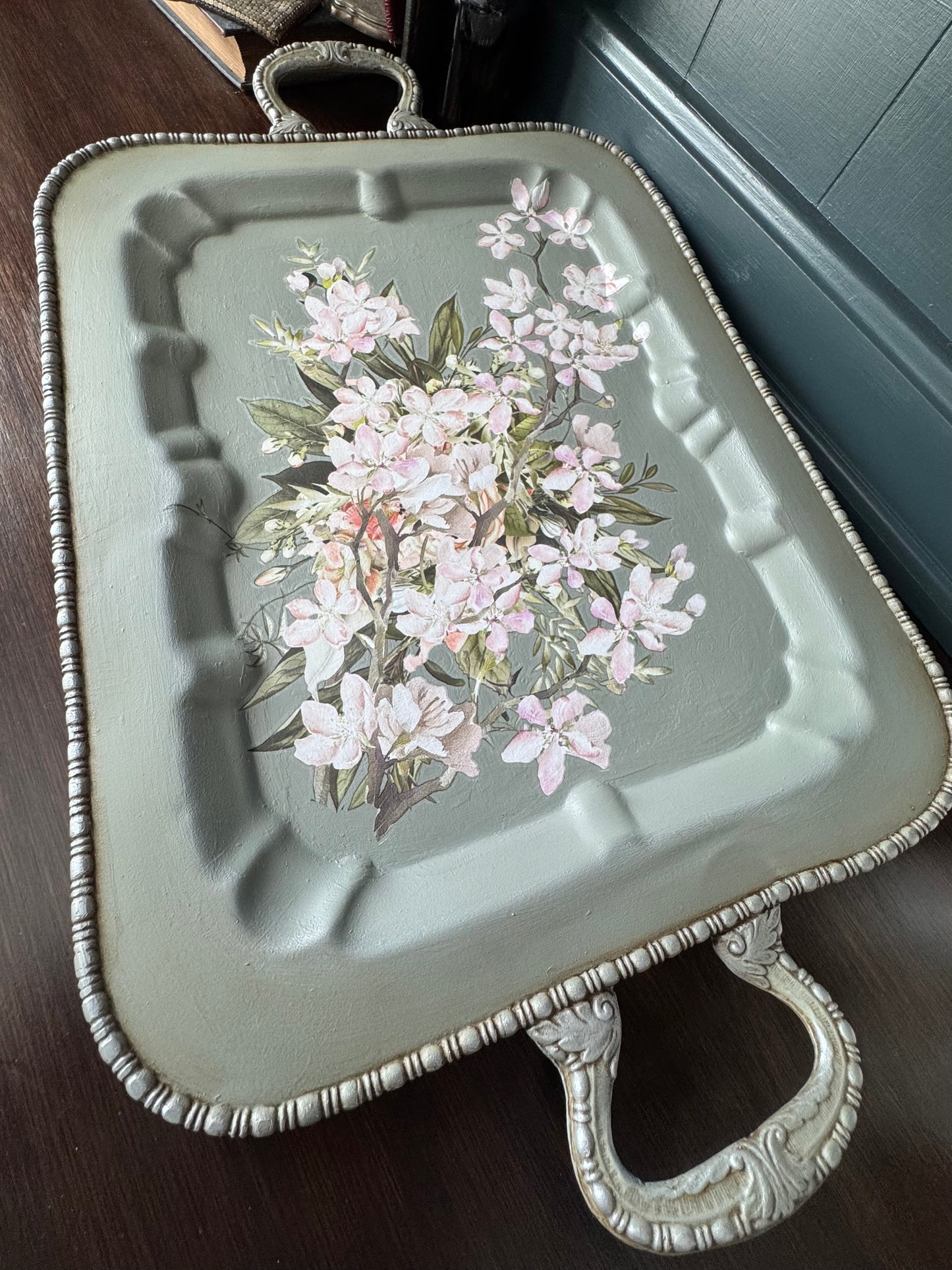 Hand Painted Botanical Silver Tray – Sage Green Floral Vintage Style Decor