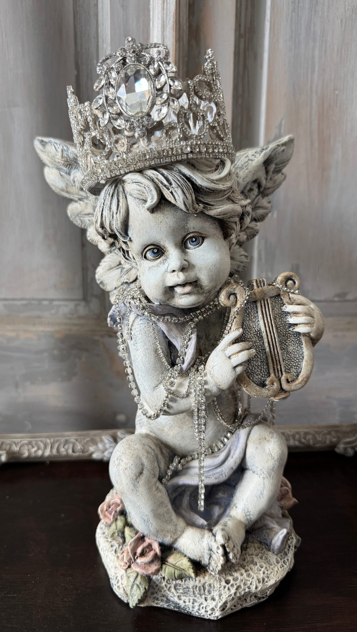 Hand Painted Cherub Statue with Jeweled Crown – Vintage Inspired Angel Sculpture