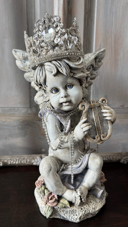 Hand Painted Cherub Statue with Jeweled Crown – Vintage Inspired Angel Sculpture