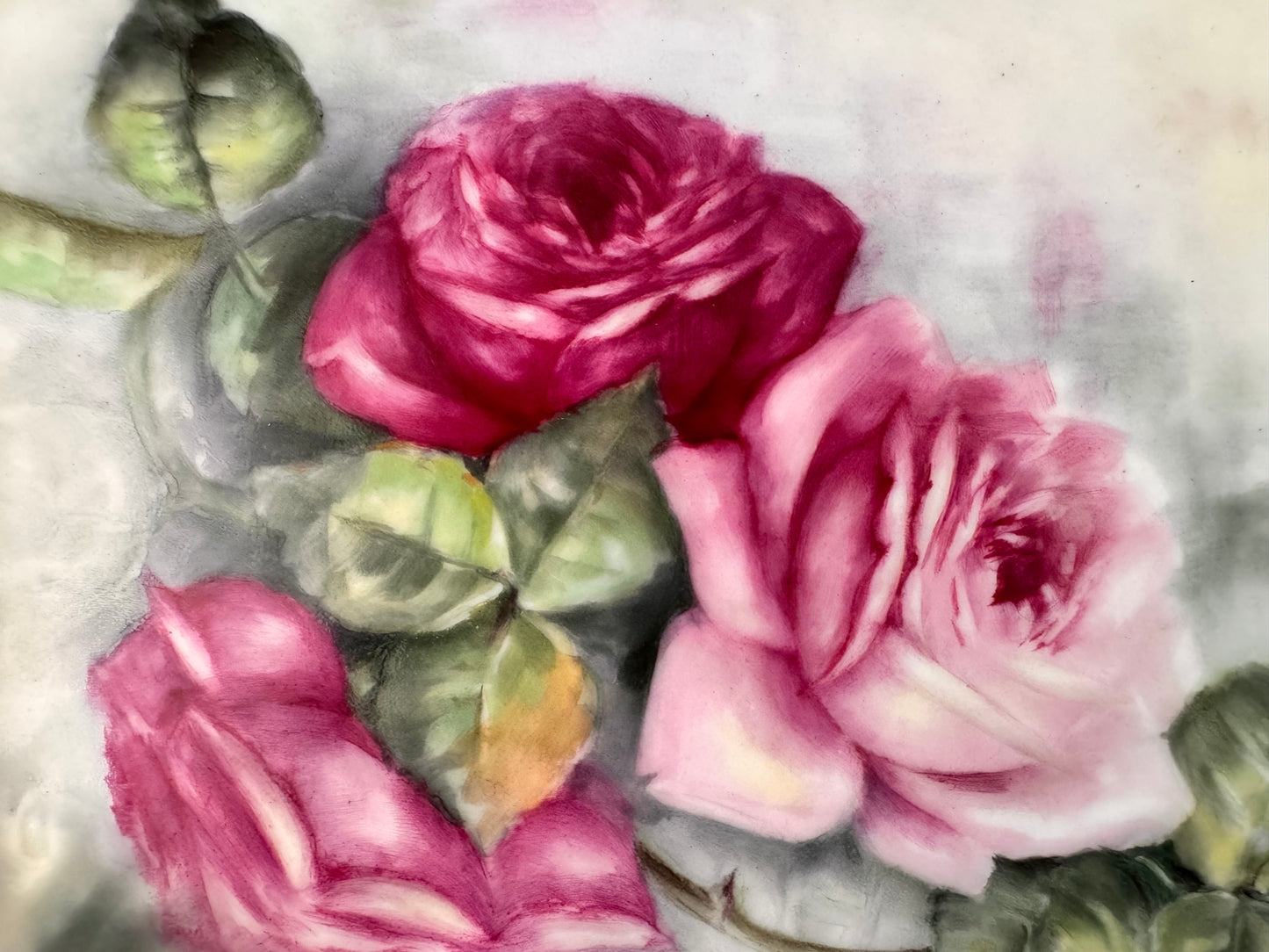 D&C France hand-painted porcelain rose tray with beaded rim