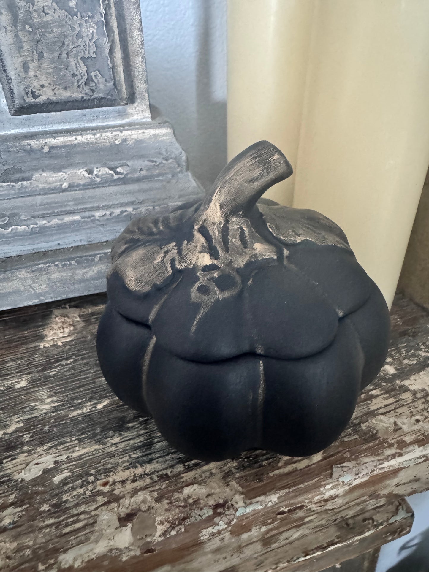 Hand Painted Black Ceramic Pumpkin Trinket Box with Aged Bronze Detail