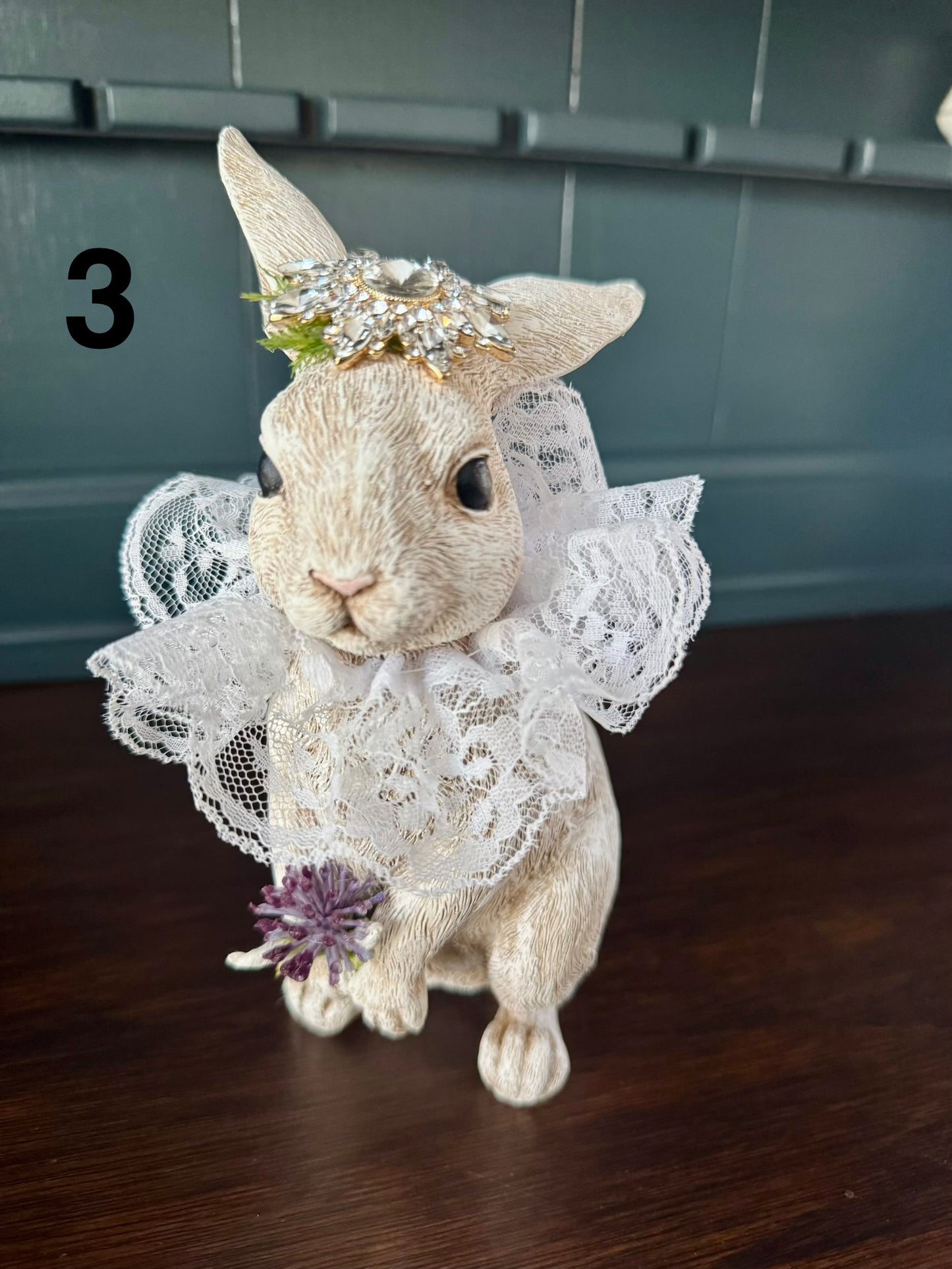 Hand Painted Bunny with Jeweled Hat & Lace Collar – Vintage Spring Decor