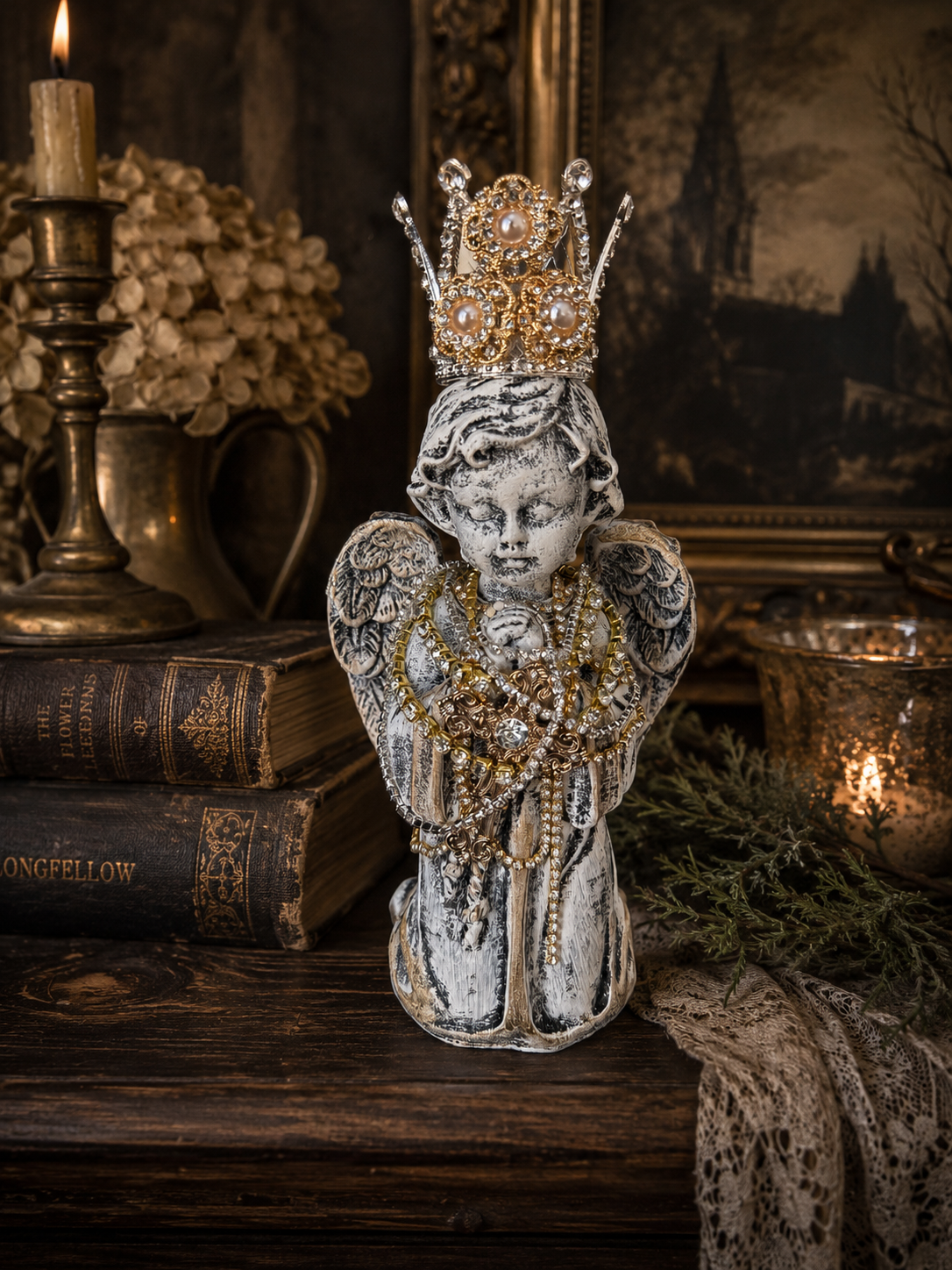 Hand Painted Resin Kneeling Angel Statue with Jeweled Crown