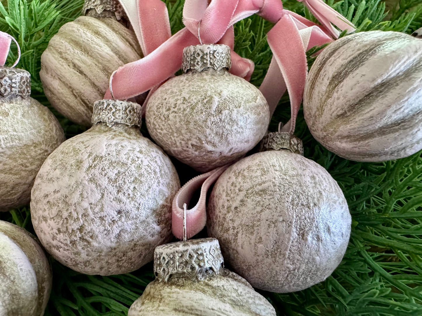 Hand Painted Textured Glass Ornaments with Velvet Ribbon (Set of 8)