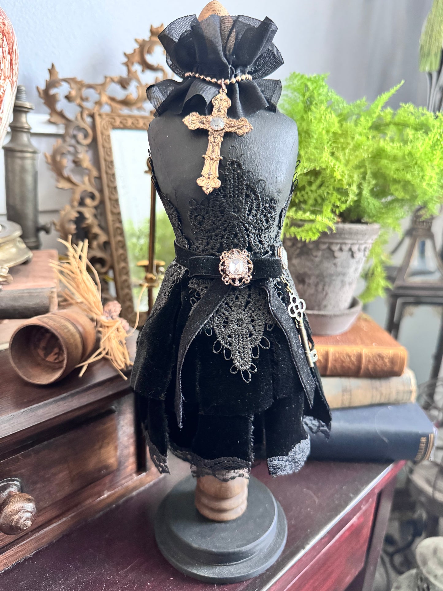 Victorian Gothic Dress Form Sculpture – Black Velvet & Lace
