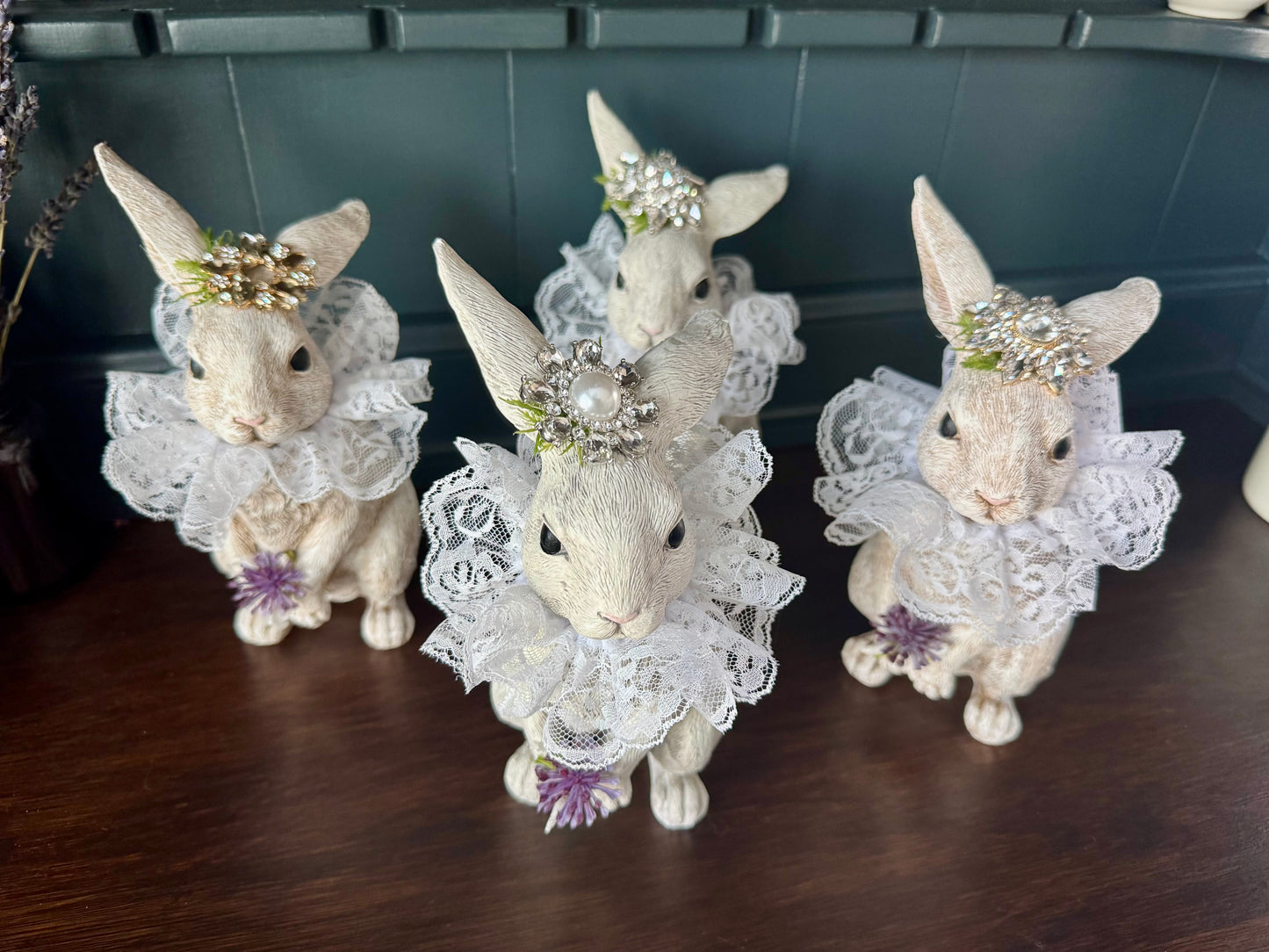 Hand Painted Bunny with Jeweled Hat & Lace Collar – Vintage Spring Decor