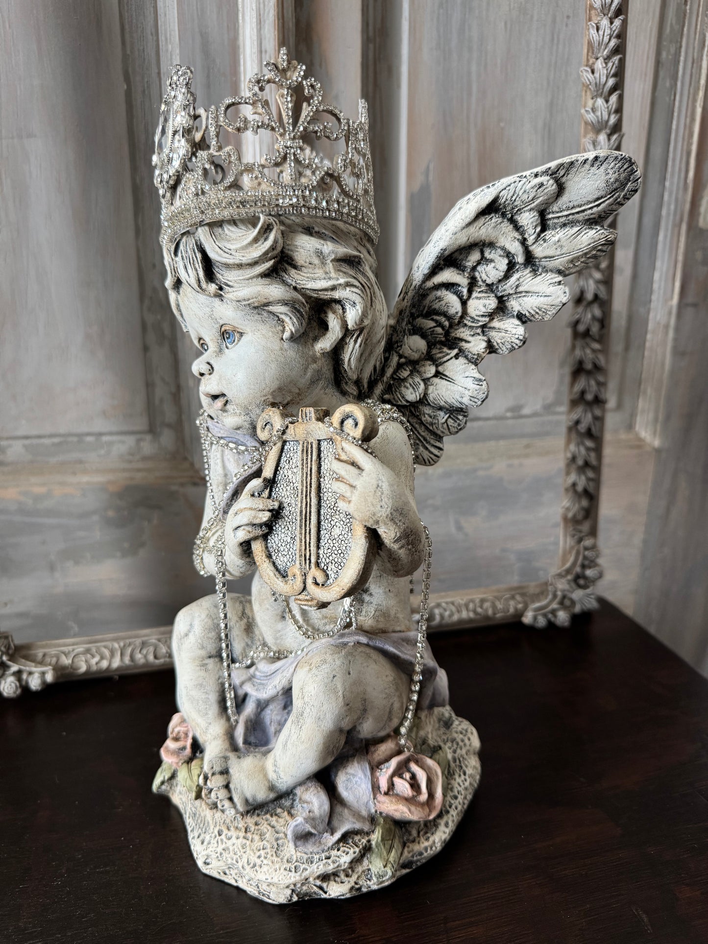 Hand Painted Cherub Statue with Jeweled Crown – Vintage Inspired Angel Sculpture