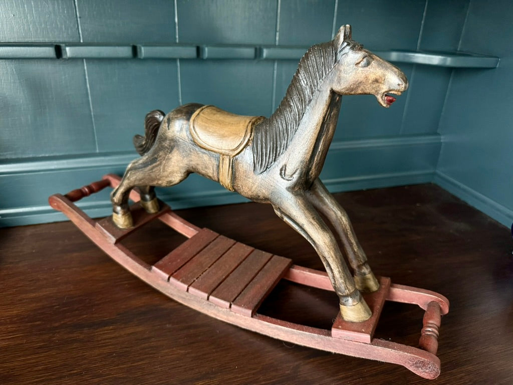 Hand-Painted Vintage Inspired Rocking Horse | Decorative Horse on Wooden Base