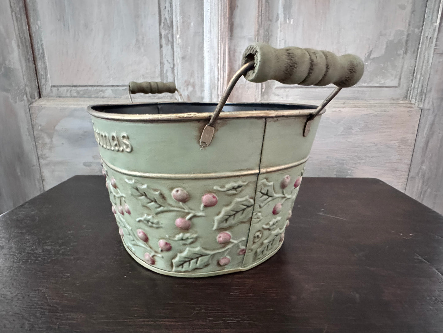 Hand-Painted Merry Christmas Holly Tin Bucket
