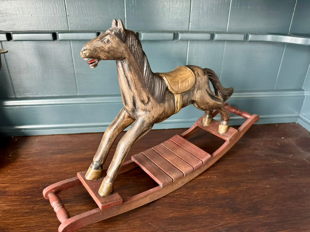 Hand-Painted Vintage Inspired Rocking Horse | Decorative Horse on Wooden Base