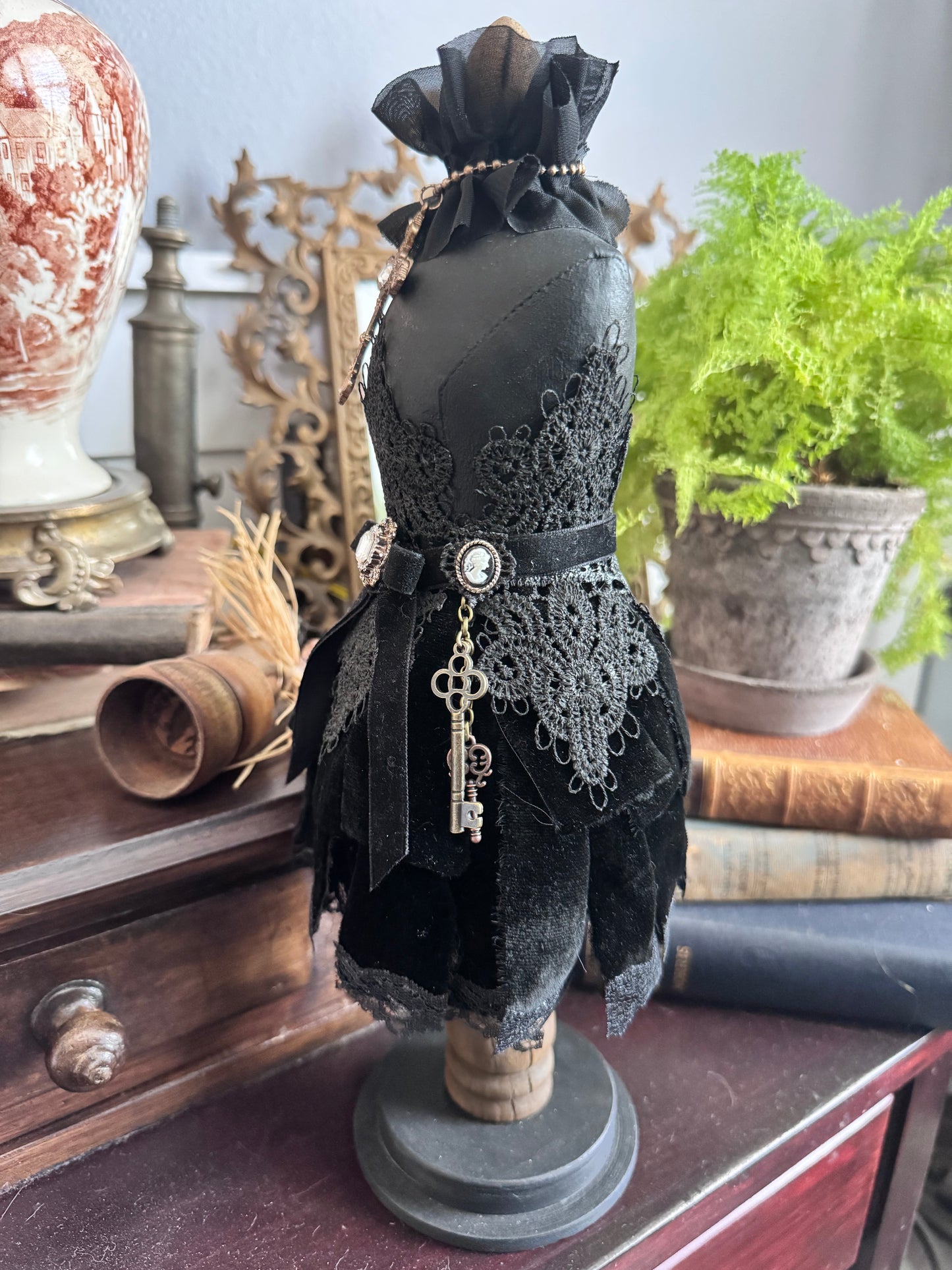 Victorian Gothic Dress Form Sculpture – Black Velvet & Lace