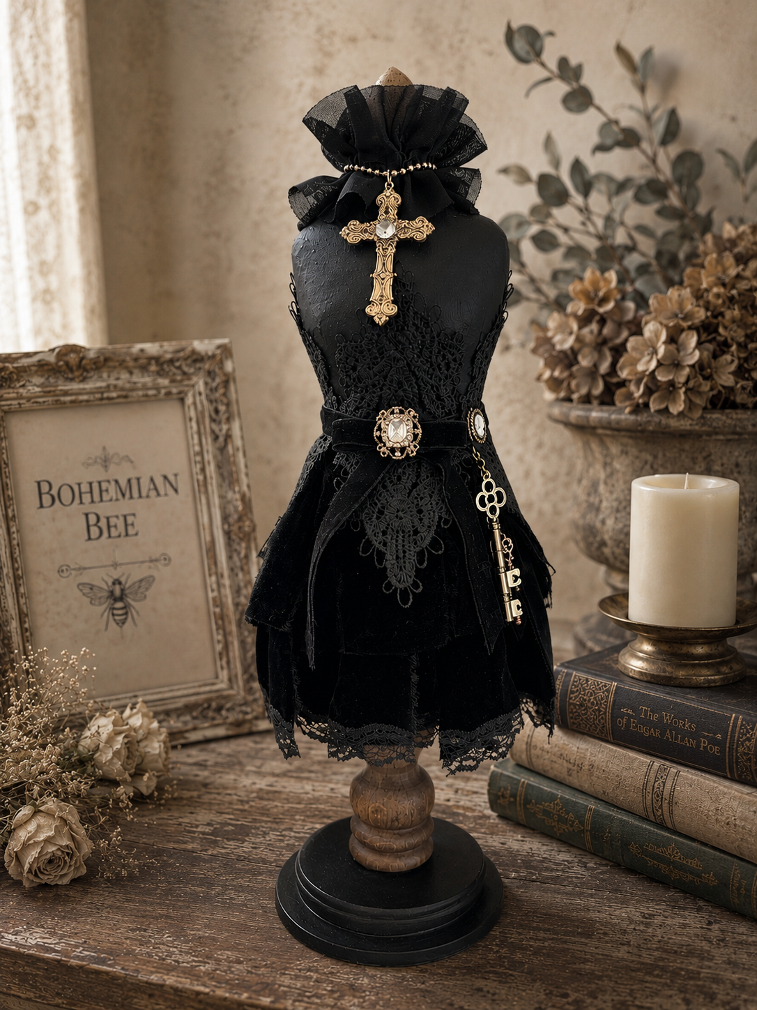Victorian Gothic Dress Form Sculpture – Black Velvet & Lace
