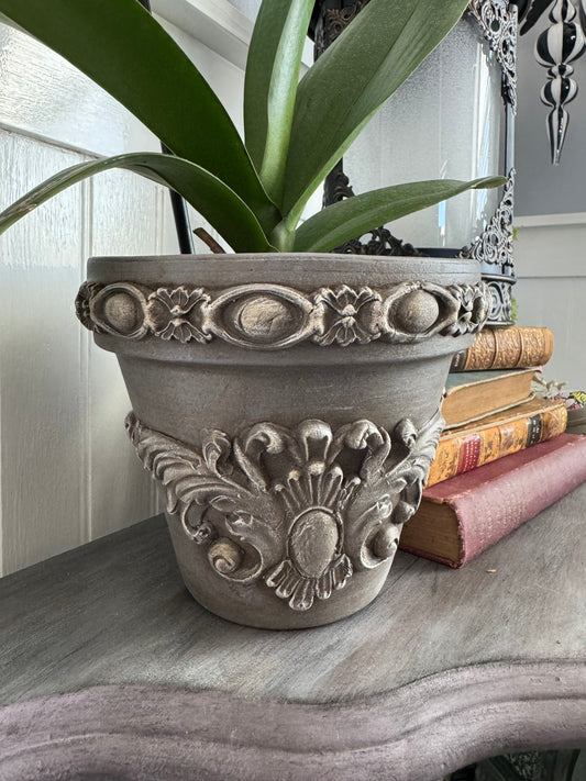 Decorative 6” Terracotta Planter with Gray, Gold & White Accents