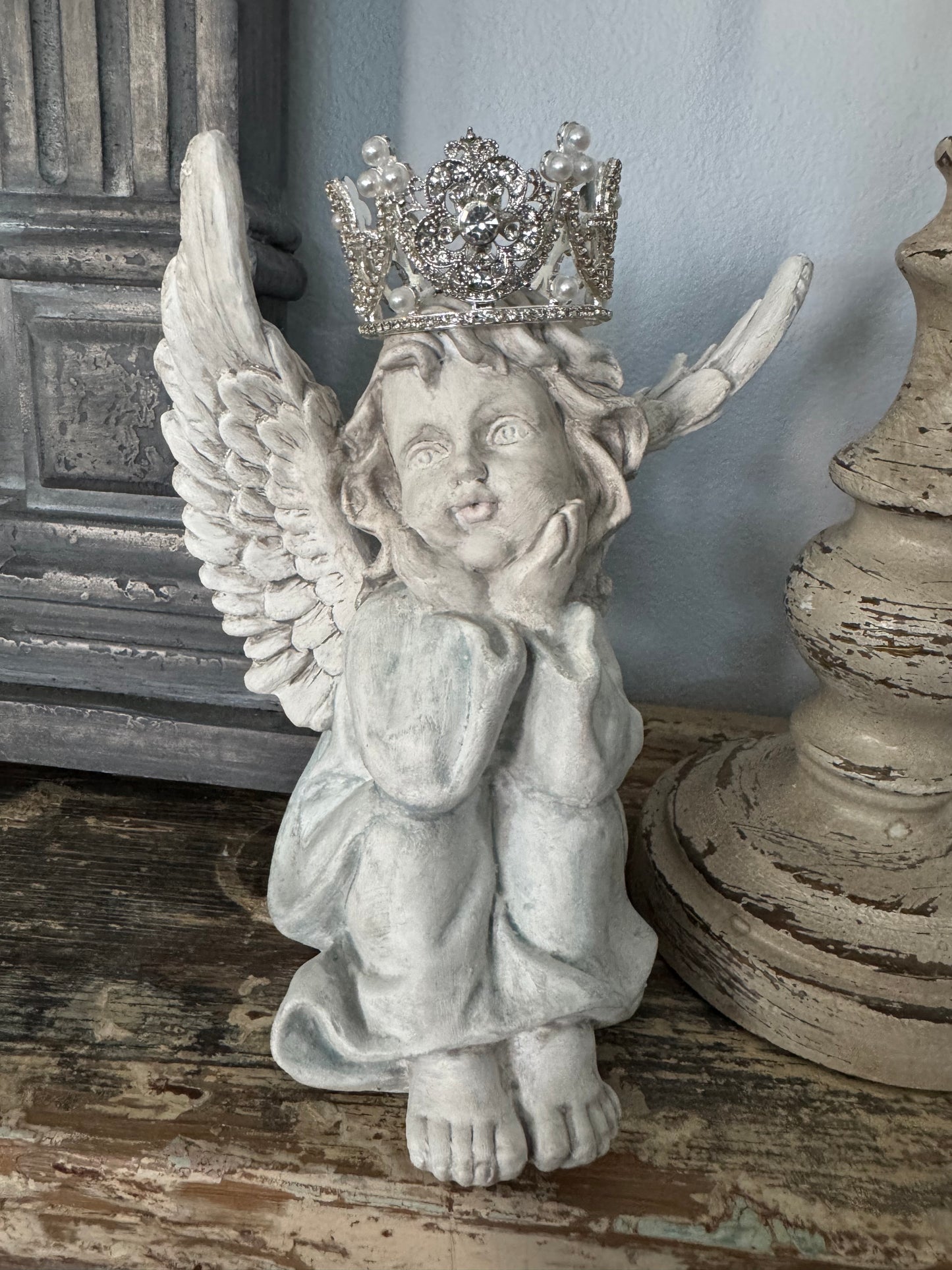 Angel with Hands on Face and Handmade Crown