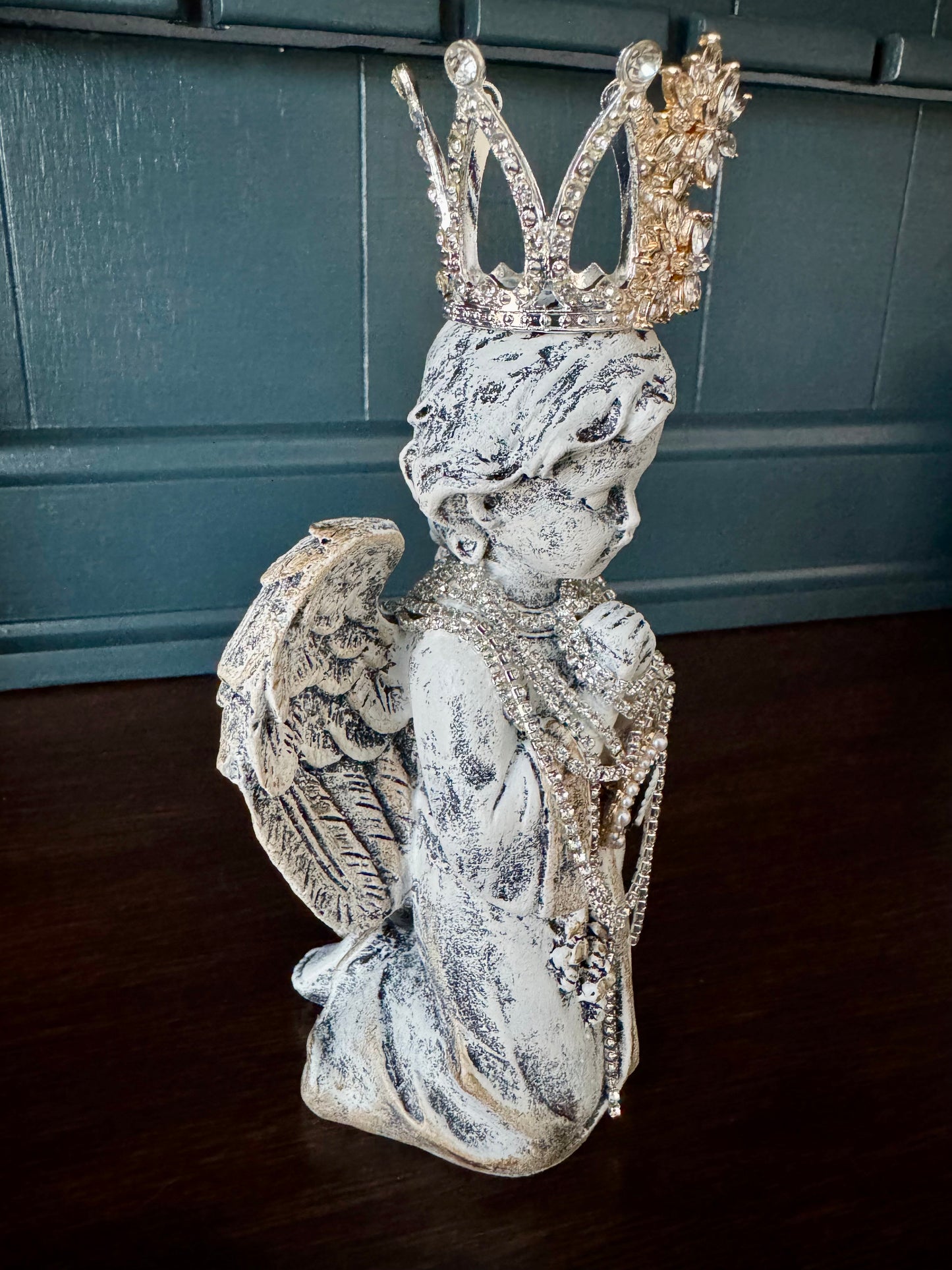 Hand-Painted Kneeling Angel with Crown & Jewels