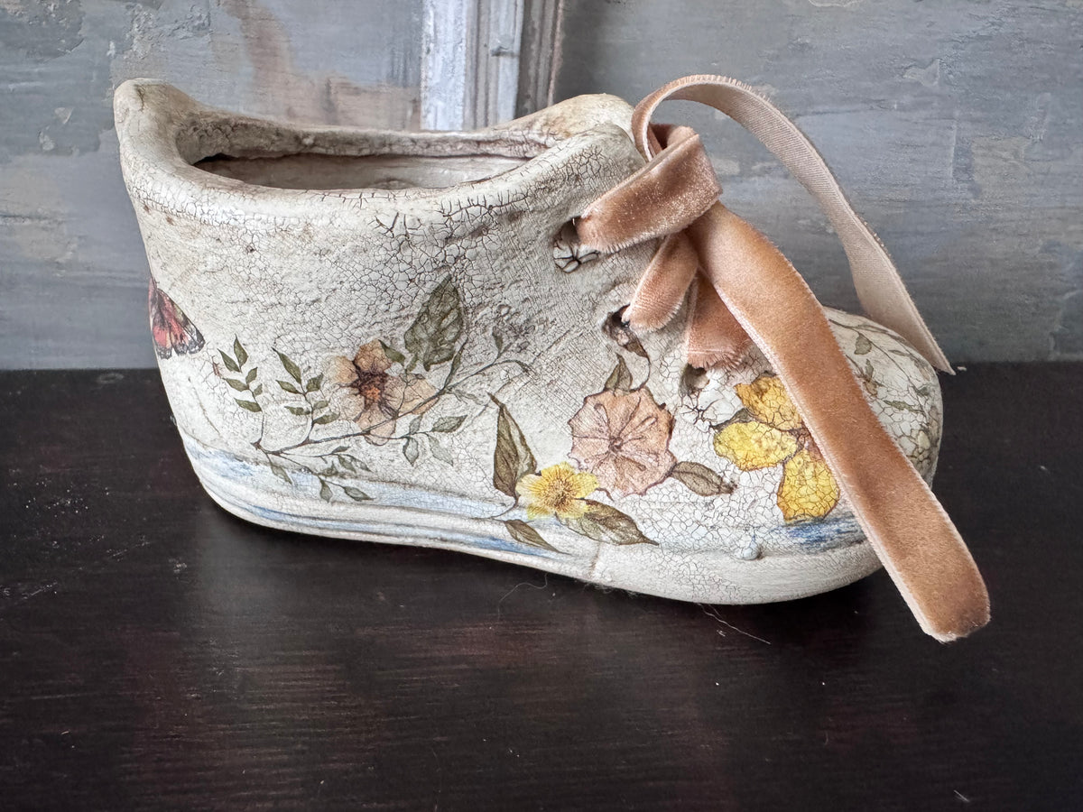 Hand-Finished Botanical Ceramic Shoe Vessel