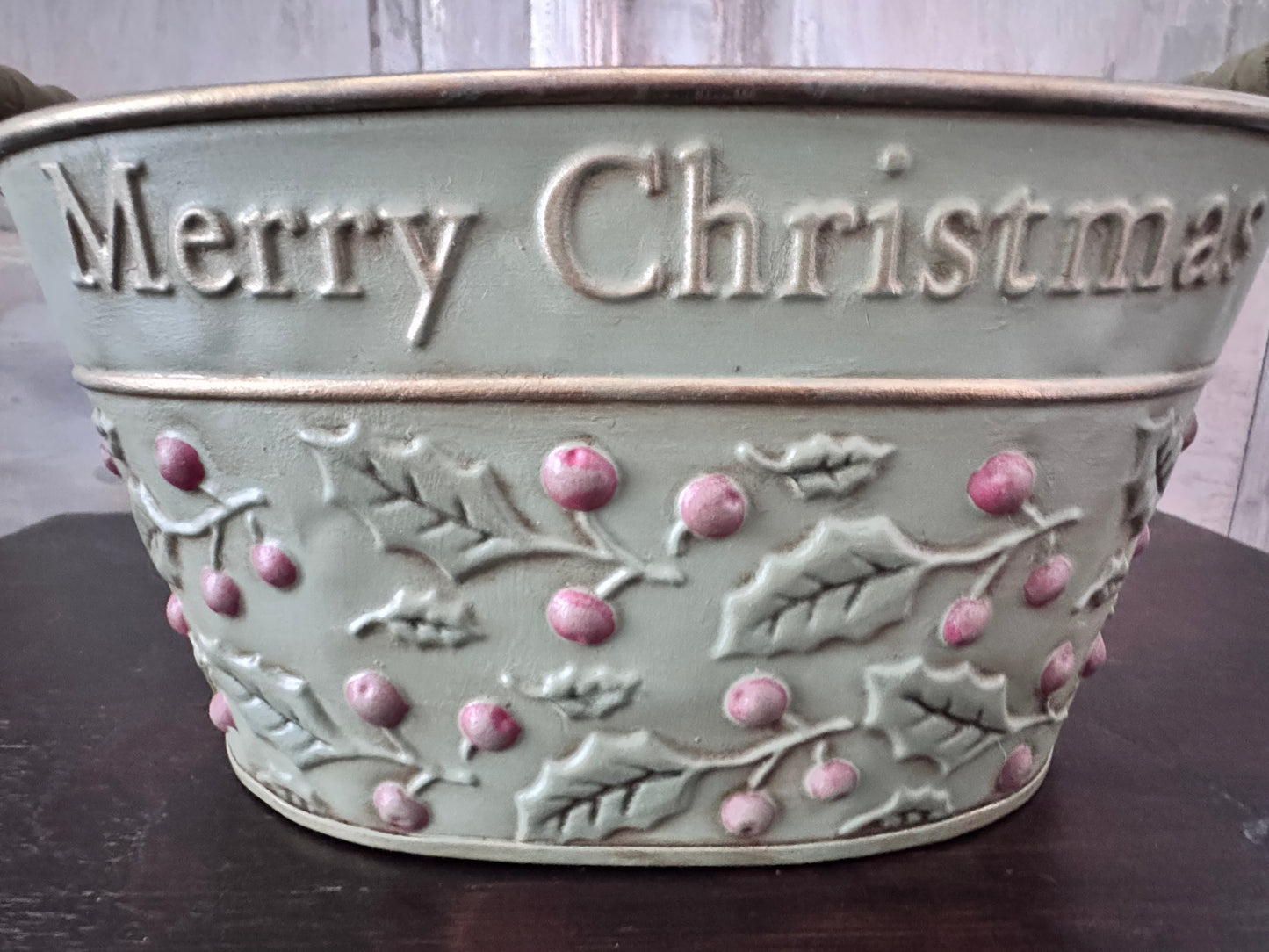 Hand-Painted Merry Christmas Holly Tin Bucket