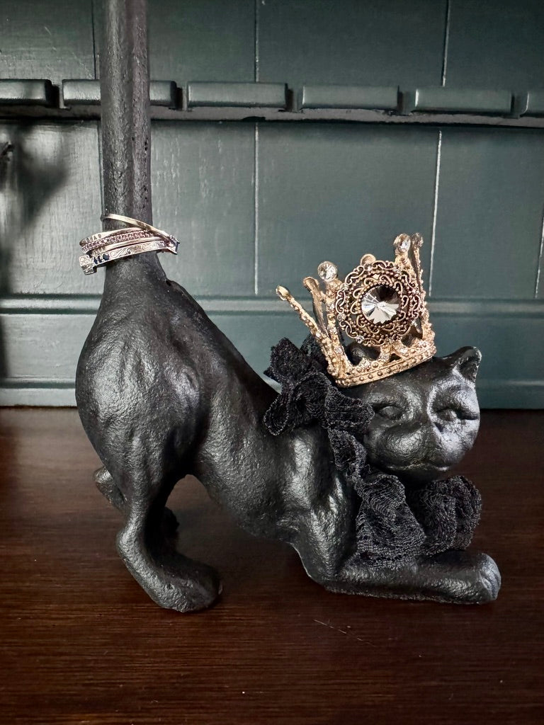 Hand Painted Cast Iron Black Cat Ring Holder with Removable Crown