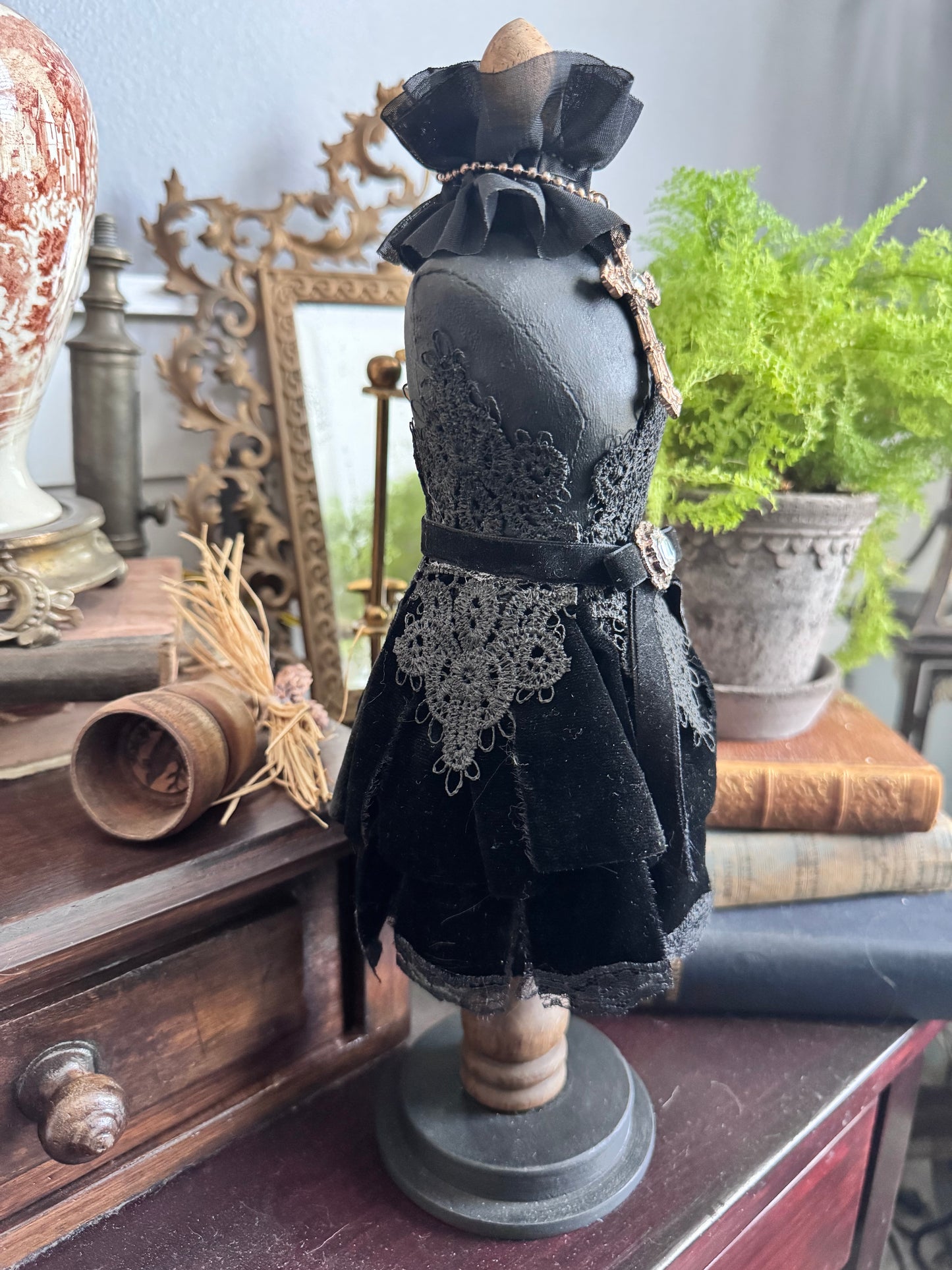 Victorian Gothic Dress Form Sculpture – Black Velvet & Lace