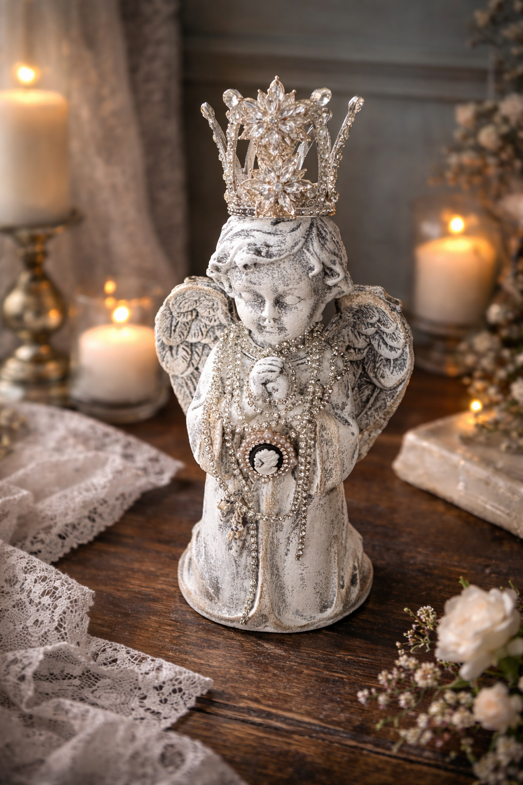 Hand-Painted Kneeling Angel with Crown & Jewels