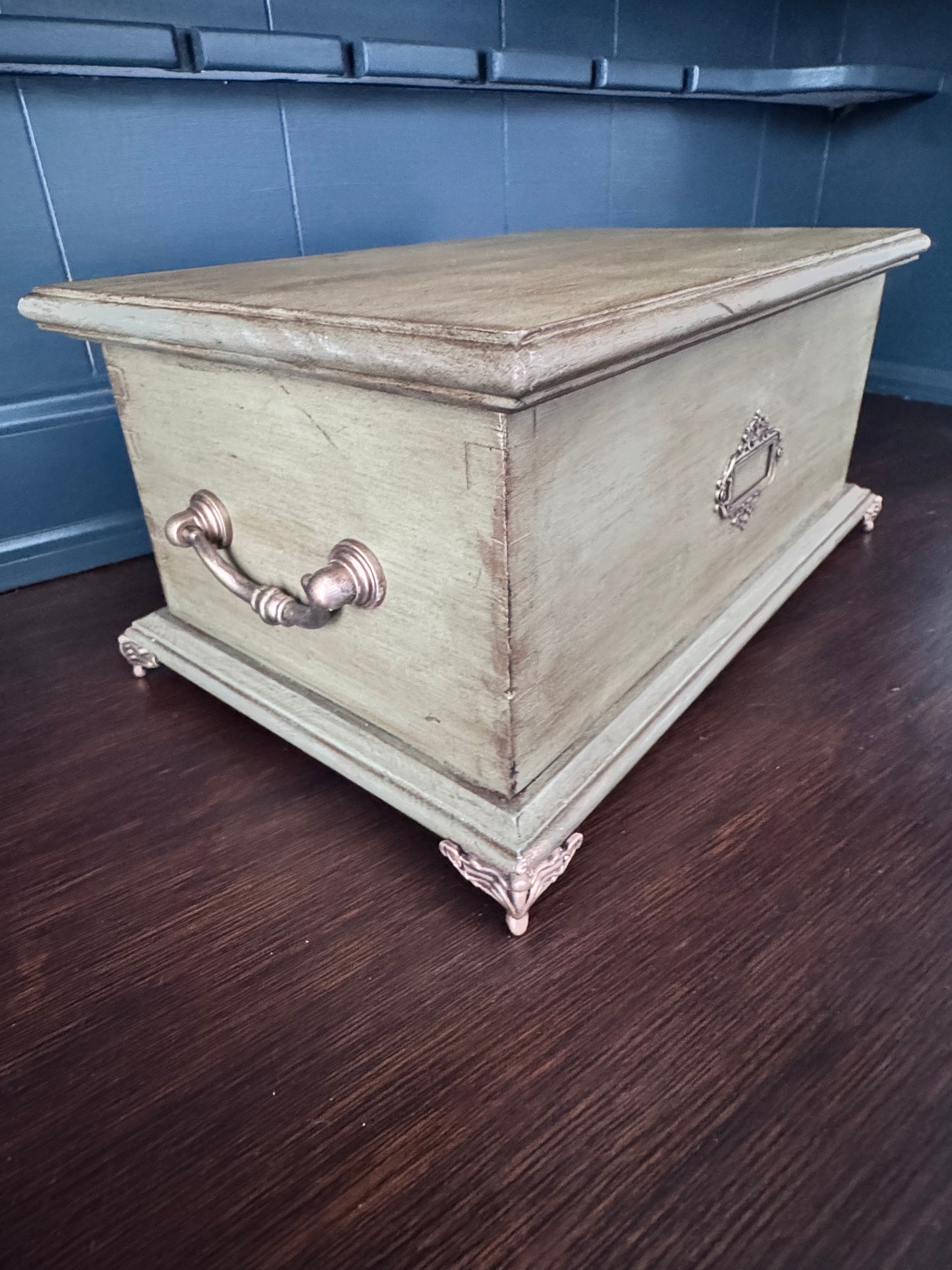Hand Painted Sage Green Wooden Keepsake Box with Botanical Interior