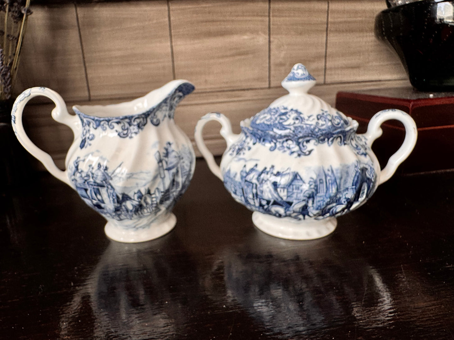 Blue & White Coaching Scene Creamer and Sugar Bowl