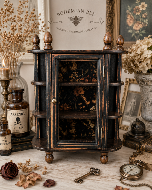 Hand Painted Victorian Gothic Apothecary Display Cabinet | Butterfly Curio Shelf | Dark Academia Wall or Tabletop Cabinet