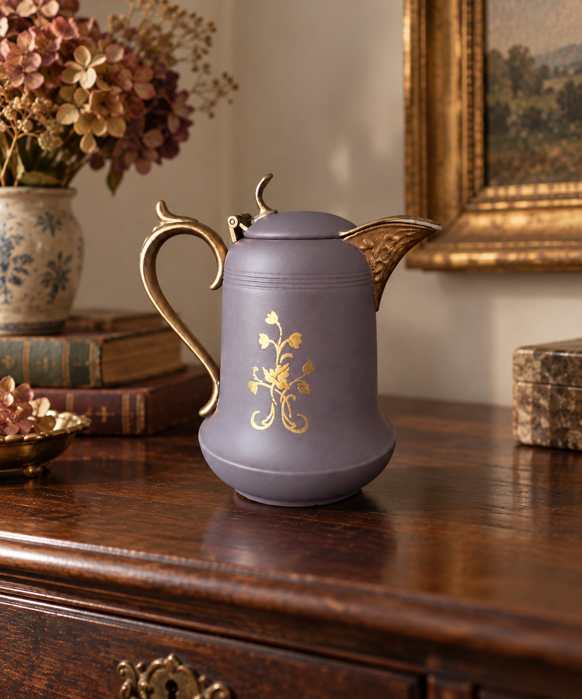 Hand-Painted Silverplate Creamer – Eggplant & Gold Decorative Pitcher