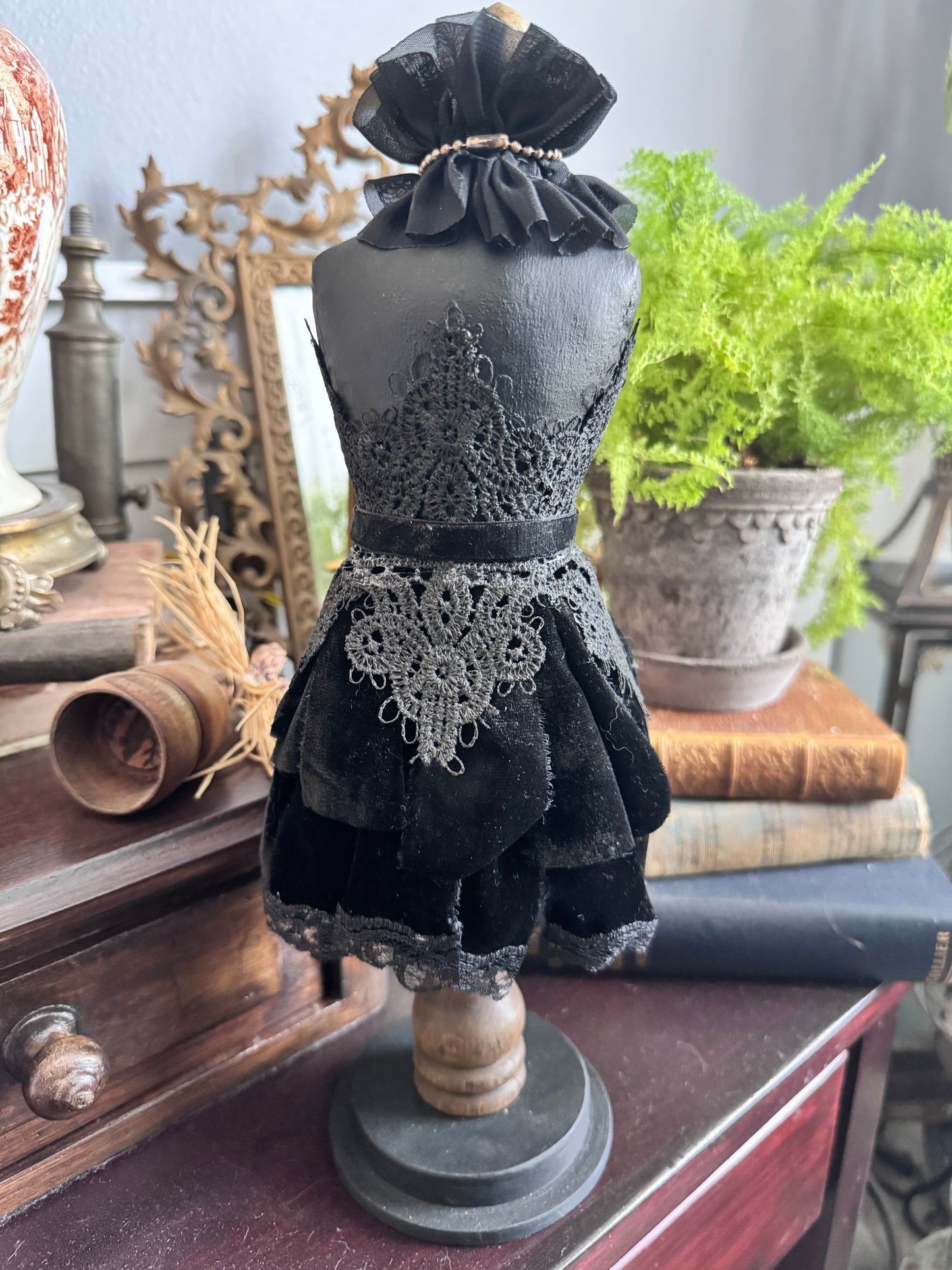 Victorian Gothic Dress Form Sculpture – Black Velvet & Lace