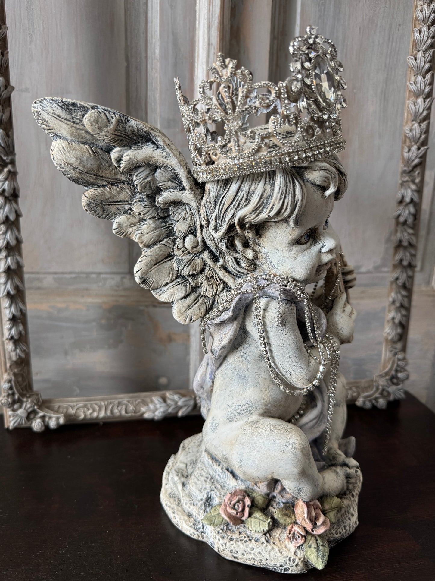 Hand Painted Cherub Statue with Jeweled Crown – Vintage Inspired Angel Sculpture