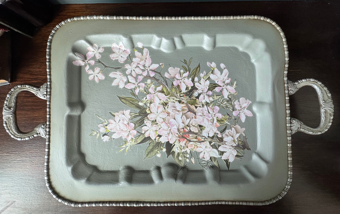 Hand Painted Botanical Silver Tray – Sage Green Floral Vintage Style Decor