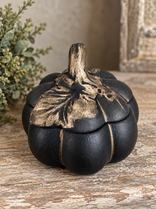 Hand Painted Black Ceramic Pumpkin Trinket Box with Aged Bronze Detail