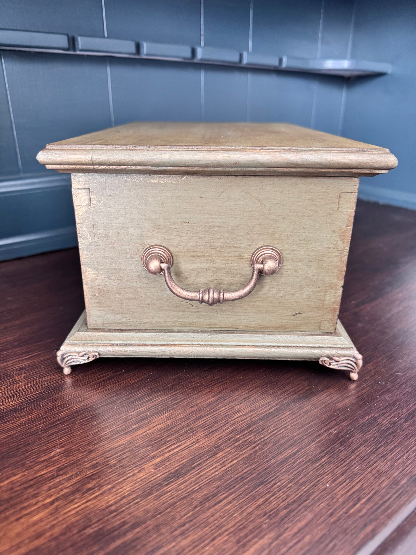 Hand Painted Sage Green Wooden Keepsake Box with Botanical Interior
