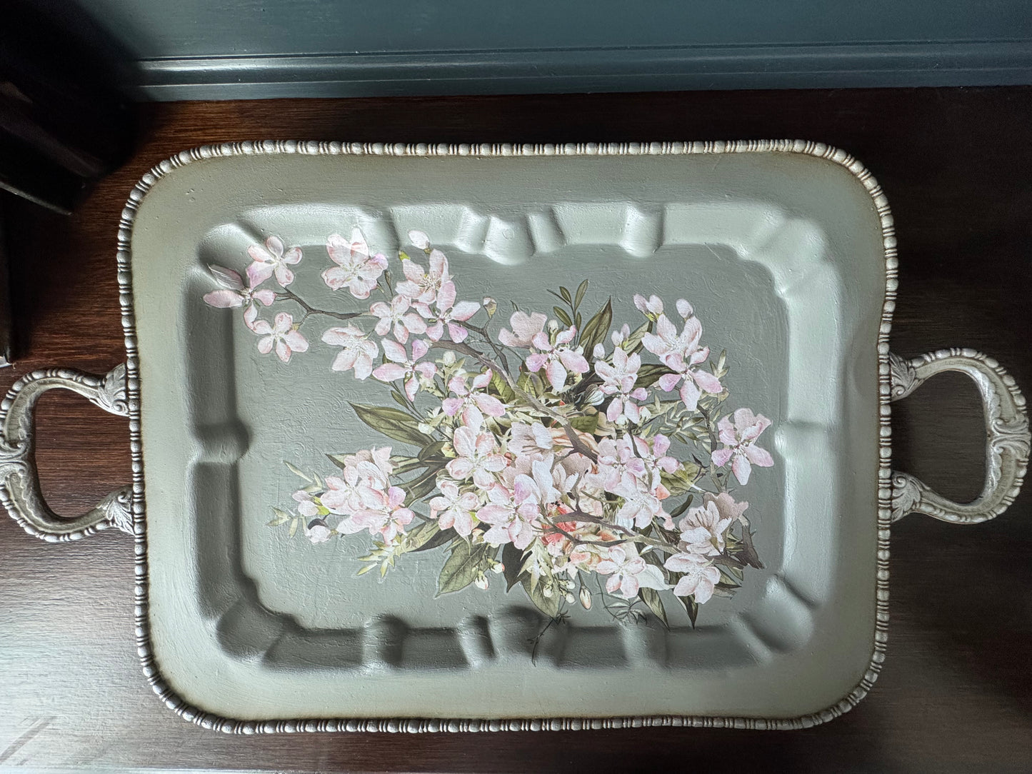 Hand Painted Botanical Silver Tray – Sage Green Floral Vintage Style Decor