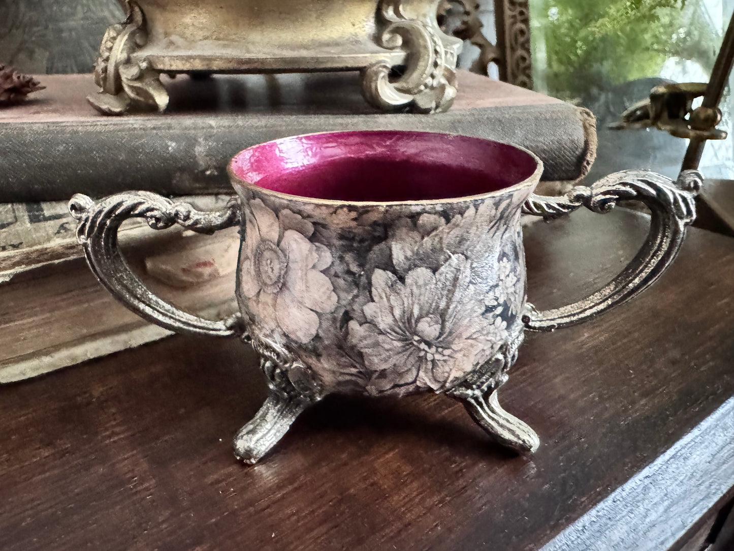 One-of-a-Kind Moody Floral Decorative Vessel with Berry Interior