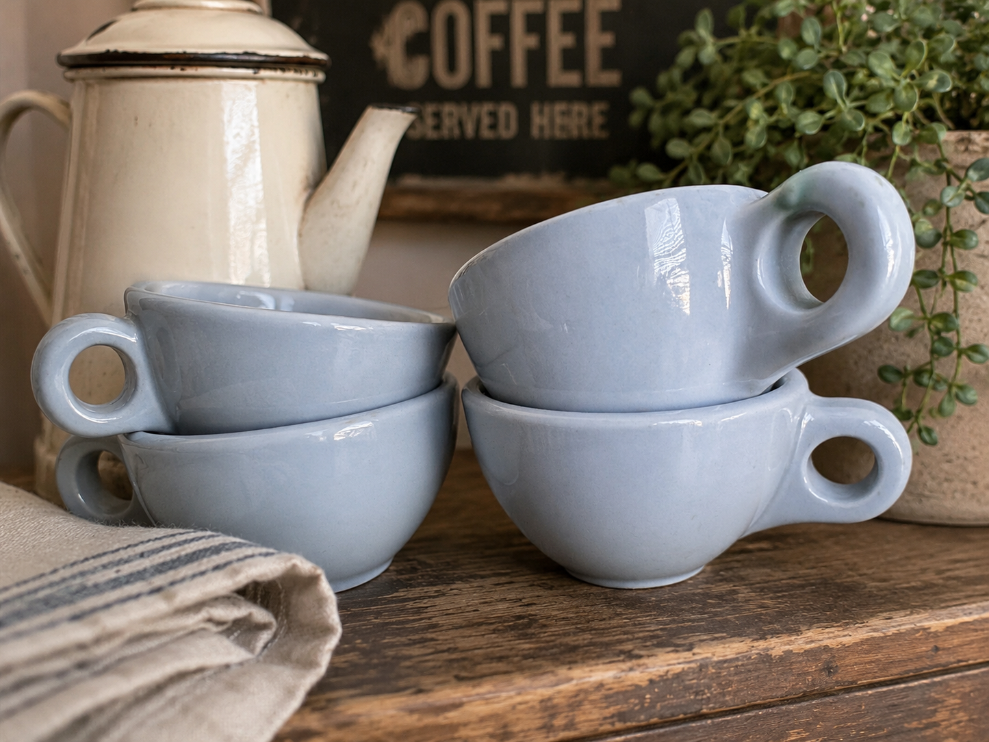 Vintage Buffalo China Restaurant Ware Coffee Cups | Set of 4 | Light Blue Ironstone Style Diner Mugs | Estate Sale Find